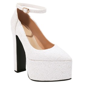 High Heels Evening Party Shoes White Chunky Heel Sparkly Block Heel Belt Buckle Pumps Pointed Toe With Ankle Strap