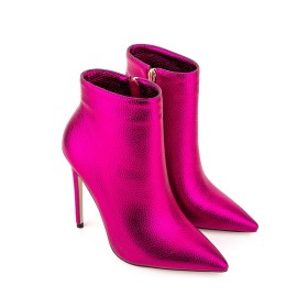 Elegante Naaldhakken Enkellaarsjes Lak Fuchsia Metallic Mode Business Casual Imitatieleer Hoge Hak