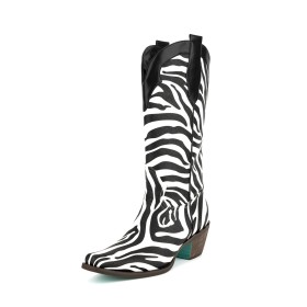 Trichterabsatz Blockfarben Klassisch Zebra Print Cowboystiefel Mode Schwarz Weiß Gefütterte 7 cm Mittlerer Absatz Halbhohe Stiefel