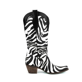 Cowboylaarzen Wit Zwart Blokhakken Zebra 7 cm Heels Kleurblok Halfhoge Laarzen Dames Gevoerde Full Grain