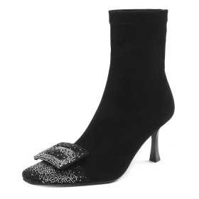 Booties 3 inch High Heel With Metal Jewelry Black Stiletto Sock Velvet Rhinestones
