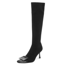 Black Sock Tall Boot High Heels 2023 Sparkly Knee High Boots Rhinestones Modern Fur Lined Stretchy