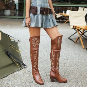 Cowboy Boots Dames Instapper 7 cm Heels Vierkante Neus Comfort Met Blokhak Lange Laarzen Overknee