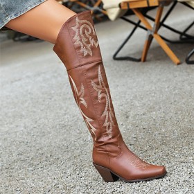 Faux Leather Mid Heels Comfortable Cowboy Boots Block Heels Thigh High Boot Going Out Shoes Chunky