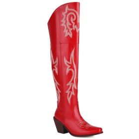 Vintage Chunky Over Knee Boots For Women Tall Boot Cowboy Boot Faux Leather Mid Heels Comfortable Red Block Heels