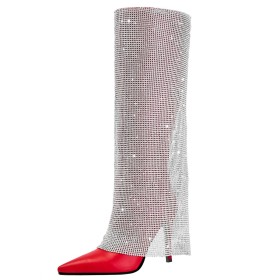 Pointed Toe Elegant Stiletto Knee High Boots Sparkly With Rhinestones Tall Boot Red Formal Dress Shoes Fold Over High Heel