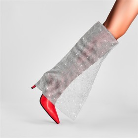 Avec Strass Cuir Fermeture Éclair Rouge Talon Haut 10 cm Belle Replié Chaussures Ceremonie Bottes Haute