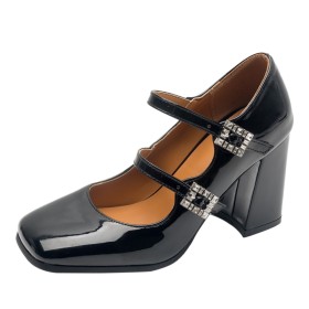 Chunky Block Heels Ankle Strap Classic 3 inch High Heel Pumps Faux Leather