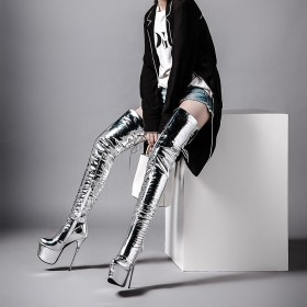 Metallic Overknee Laarzen Lak Sparkle Hoge Hak Stilettos Gevoerde Mode Rode Zool Zilver Lange Laarzen Plateau