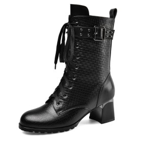Block Heels Studded Black Comfortable Mid Heel Ankle Boots Lace Up Embossed