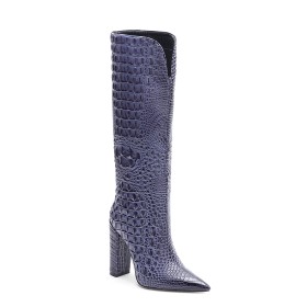 Fashion Crocodile Printed Knee High Boots Pointed Toe Classic Faux Leather 4 inch High Heel Block Heels