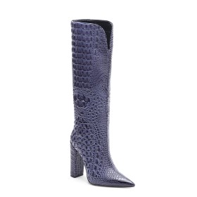 Klassisch Kniehohe Gefütterte 10 cm High Heels Lederimitat Stiefel Spitz Blockabsatz Absatzschuhe Krokodilleder Print Blau