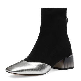 Stretchy Booties 2 inch Low Heel Metallic Chunky Heel Leather Block Heel Silver Sock Boots Comfort