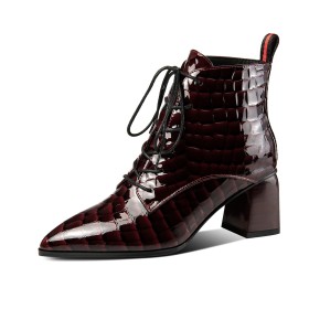 Elegante 5 cm Low Heel Schnürschuhe Ankle Boots Gefütterte Bordeaux Mit Blockabsatz Mode Lack Krokodilleder Print Bequeme Spitz Abendschuhe Schnürstiefeletten