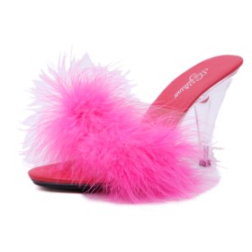 Going Out Footwear Fluffy Fuchsia Mules Womens Sandals Fur Open Toe 4 inch High Heel Casual Cute