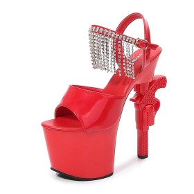 Red Sandals For Women Fringe Extreme High Heel Platform Classic