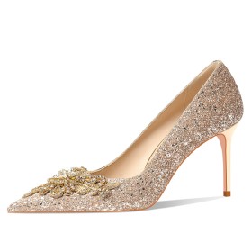 Wedding Shoes Modern Sequin Rhinestones Sparkly Dress Shoes Gold Stiletto Pumps Evening Shoes Pointed Toe 8 cm High Heel