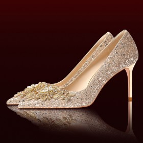 Wedding Shoes Modern Sequin Rhinestones Sparkly Dress Shoes Gold Stiletto Pumps Evening Shoes Pointed Toe 8 cm High Heel