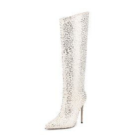 12 cm High Heeled Stilettos Knee High Boot For Women Glitter Elegant Fashion Dress Shoes Zipper White Leopard
