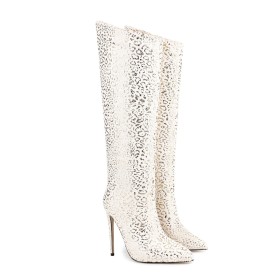 12 cm High Heeled Stilettos Knee High Boot For Women Glitter Elegant Fashion Dress Shoes Zipper White Leopard