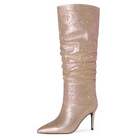 Dress Shoes Stiletto Elegant Slouch High Heels Gorgeous Rhinestones Faux Leather Knee High Boot For Women Tall Boots