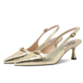 Finskor Läder Eleganta Glittrande Sandaler Dam Metallic Slingback Festskor 6 cm Mellanhög Klack