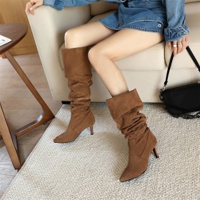 7 cm Heeled Fur Lined Classic Stilettos Slip On Tall Boot Suede Slouch Going Out Shoes Knee High Boots For Women