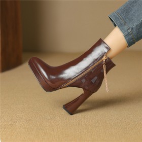 Patent Leather Fur Lined Block Heel Going Out Shoes 2024 Chunky Heel Classic Leather Ankle Boots For Women High Heel