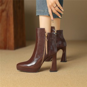 Patent Leather Fur Lined Block Heel Going Out Shoes 2024 Chunky Heel Classic Leather Ankle Boots For Women High Heel