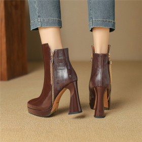 Patent Leather Fur Lined Block Heel Going Out Shoes 2024 Chunky Heel Classic Leather Ankle Boots For Women High Heel