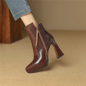 Bottines Femme Originale Talon Epais Boots Femme Cuir Talons Carrés Fermeture Éclair Habillées A Talon 10 cm Classique