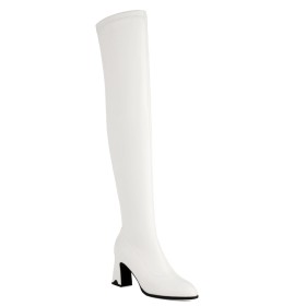 Tacchi Largo Pole Dance Stivali Alti Moda Vernice 8 cm Tacchi Alto Platino Bianchi Stivali Sopra Ginocchio