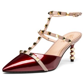 Mid Heel Gladiator Stilettos Studded 2021 Sandals Burgundy With Ankle Strap Classic Natural Leather Sexy