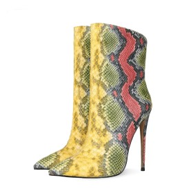 Going Out Shoes Ankle Boots Multicolor High Heel Yellow Classic Closed Toe Snake Print Fur Lined Stilettos