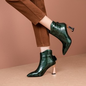 Going Out Footwear Closed Toe Ankle Boots Thick Heel Classic Fur Lined Dark Green Leather 8 cm High Heels