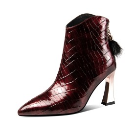 Business Casual Burgundy Going Out Footwear Classic Booties 3 inch High Heel Crocodile Print Chunky Hee