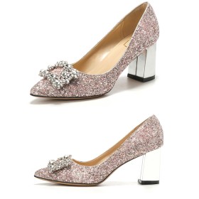 Rose Goud Met Steentjes Blok Hak Dames Schoenen Glitter Bruidsschoenen 7 cm Heels Pumps