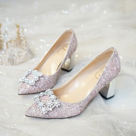 Rose Goud Met Steentjes Blok Hak Dames Schoenen Glitter Bruidsschoenen 7 cm Heels Pumps