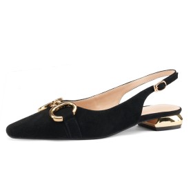 Pointed Toe Black With Metal Jewelry Elegant Leather Loafers Suede Womens Shoes Flats Slingback Comfortable