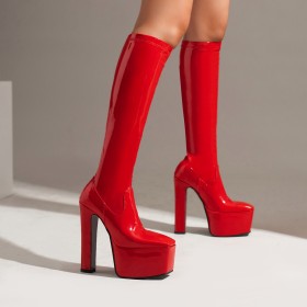 6 inch High Heel Knee High Boots For Women Classic Platform Fur Lined Block Heels Going Out Shoes Patent
