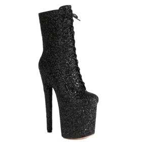 Glitzer Plateau 20 cm Super Hoher Absatz Stiefeletten Winter Stilettos Boots Damen Schwarz
