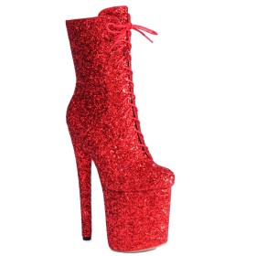 Red 8 inch High Heeled Platform Sparkly Booties Party Shoes Glitter