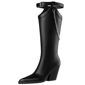 D Équitation Habillé Talons Epais Cuir Femme Chaine Talon Haut Confort Bottes Haute Classique Bottes Genoux Noir Talon Carré