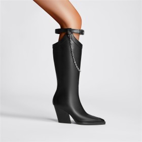 Classic Pointed Toe Block Heel Faux Leather High Heel Knee High Boot Riding