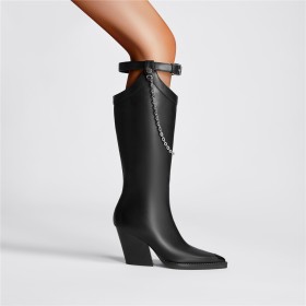 D Équitation Habillé Talons Epais Cuir Femme Chaine Talon Haut Confort Bottes Haute Classique Bottes Genoux Noir Talon Carré