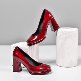 Chaussures Femme Classique Slip On Talons Carrés Talon Epais Rouge Élégantes Escarpins Bout Rond A Talon Haut 8 cm