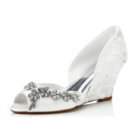 Chaussures Mariée Compensées Satin Dentelle Talon Haut 8 cm Chaussure Bout Ouvert Escarpins Blanche