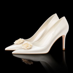 Vintage Party Shoes Closed Toe Beautiful Formal Dress Shoes Wedding Shoes For Women Stiletto White Mid Heels