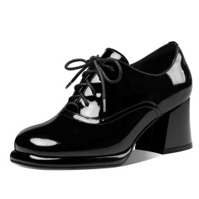 Talons Carrés Chaussures Ceremonie Noir Vernis Bout Fermé A Talon Mi Haut Chaussures Pour Femmes Lacets Oxford Confort Bout Rond