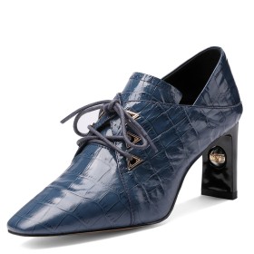 Comfortabele Krokodil Lak Donkerblauwe Dames Schoenen Oxford Leer Shooties Veterschoenen 8 cm Highheel Spitse Neus